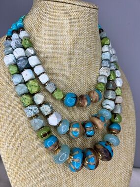 CHICO’S Turquoise, Green & Gold Color Multi-Strand Beaded Necklace Wood & Stones
